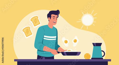 Man Preparing Delicious Sunny Side Up Eggs And Toast For Breakfast Cartoon