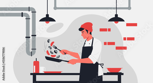 Professional Chef Cooking Delicious Food in Modern Kitchen Illustration