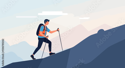 Hiker Ascending Mountain With Trekking Poles Against Mountain Scenery Silhouette