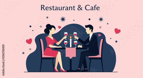 Romantic Evening: Couple Celebrating Anniversary At A Restaurant Or Cafe
