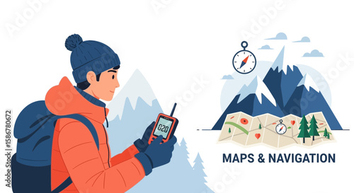 Hiker Navigating Through Mountains Using Handheld Gps Device For Precise Exploration