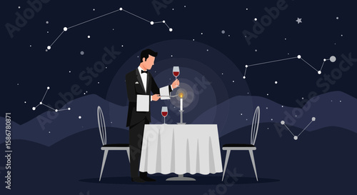 Romantic Evening Under The Stars Waiter Serving Wine At Restaurant Table