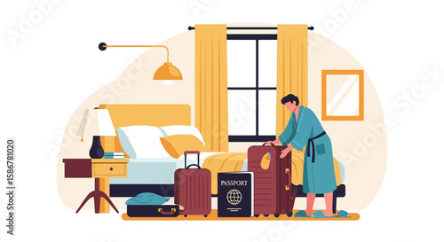 Man Preparing Luggage In Hotel Room For Vacation or Business Trip Concept