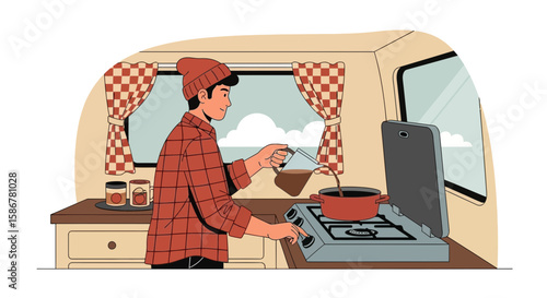 Man Preparing Meal In A Caravan Kitchen While Enjoying The Camping Experience