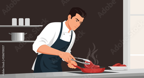 Professional Chef Preparing Food In A Kitchen With Tongs And Frying Pan