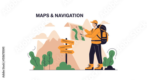 Hiking Adventure: Man Reading Map In Nature With Backpack Illustration