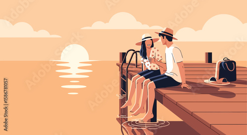 Romantic Sunset Getaway Couple Enjoying Peaceful Moment On Pier Deck