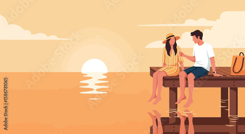 Romantic Vacation At Sunset: Couple Relaxing On A Wooden Pier By The Sea