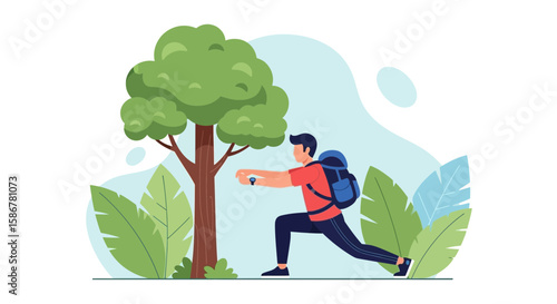 Hiking Man Checking Fitness Watch During Nature Workout Stretching Activity