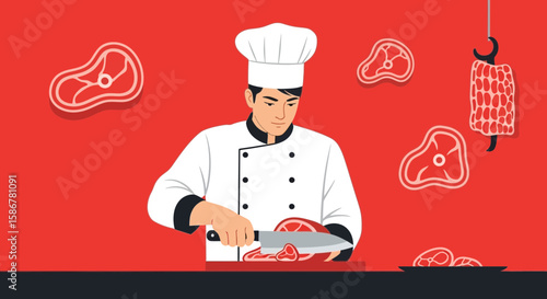Professional Chef Preparing Fresh Meat Cuts In A Commercial Kitchen Space
