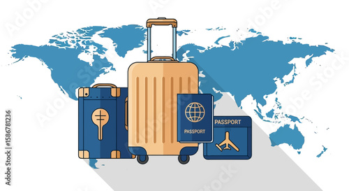 Holiday Travel With Suitcases And Passports Against The Backdrop Of The World Map