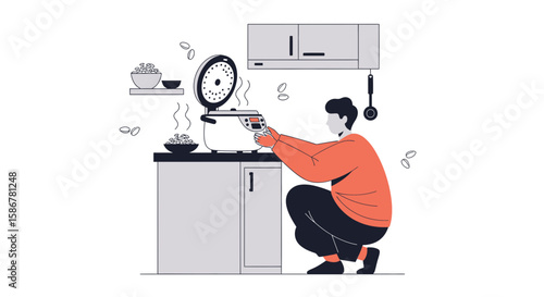 Home Cooking Convenience A Man Preparing Rice With An Electric Appliance