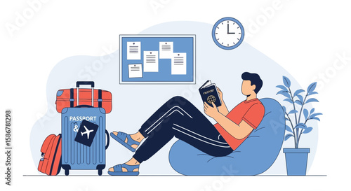 Man Reading Passport Before Flight And Relaxing On Beanbag Chair At Home