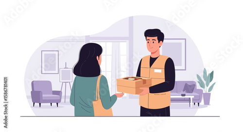 Professional Courier Delivering Package To Customer In Modern Apartment Illustration