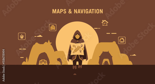 Hooded Traveler Navigating Desert Landscape With A Map In Hand Adventure Concept