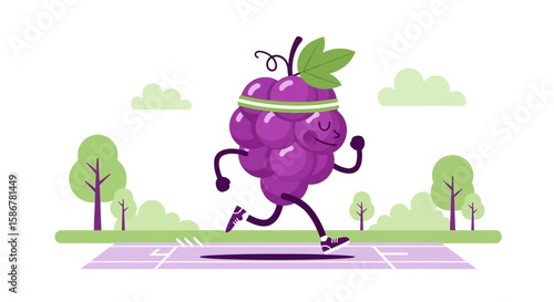Running Grape Cartoon Character Enjoying Fitness And Healthy Lifestyle Outdoors
