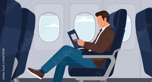 Man Reads on Airplane During Flight For Business Trip Travel Or Vacation