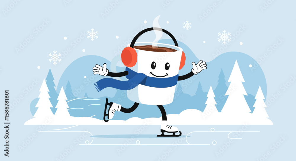 Obraz premium Hot Chocolate On Ice Cute Character Having Fun In Winter Landscape