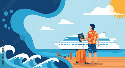 Man Ready For Cruise Vacation Holding Passport With Luggage On Dock