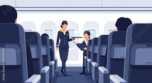Professional Flight Attendants Serving Passengers Onboard Aircraft Interior