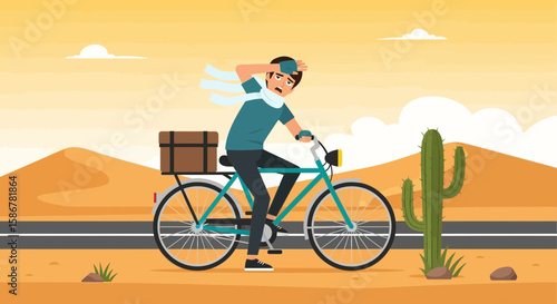 Hot Weather Exhausted Cyclist Riding Bicycle In The Desert Landscape