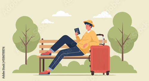 Man Relaxes On Park Bench With Passport Before Vacation Travel Journey