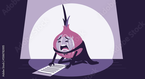 Sad Onion Reading Script Under Spotlight Expressing Frustration On Stage