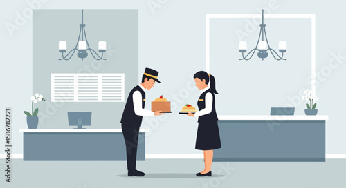 Hotel Staff Delivering Cakes Illustration For Celebration Or Room Service Concept