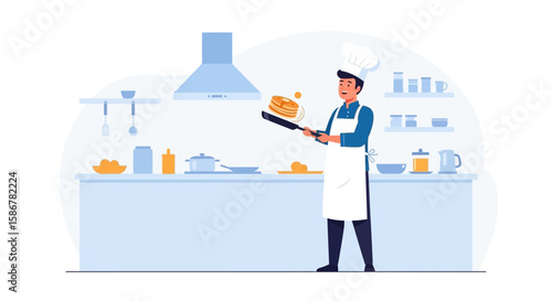 Pancake Preparation Expert Chef With Frying Pan In Kitchen Flat Illustration