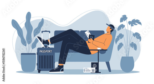 Man Relaxing Before Flight In Lounge Reading Passport And Holding Tickets