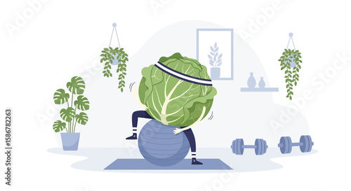Humorous Illustration Of A Cabbage Character Exercising On A Fitness Ball
