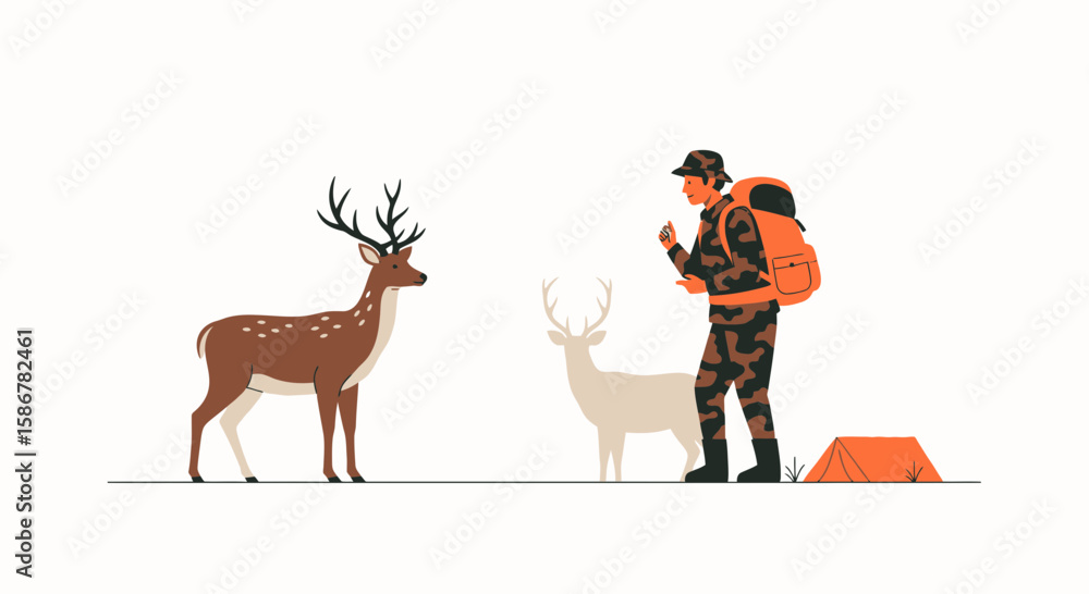 Fototapeta premium Hunter Encounters Deer During Expedition In Natural Outdoor Landscape Scenery