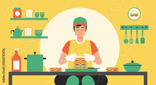 Sandwich Preparation Process in a Clean Kitchen Environment With Various Items