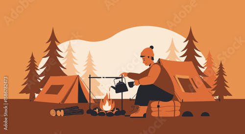 Man Relaxing In Nature, Enjoying A Hot Drink While Camping In The Forest