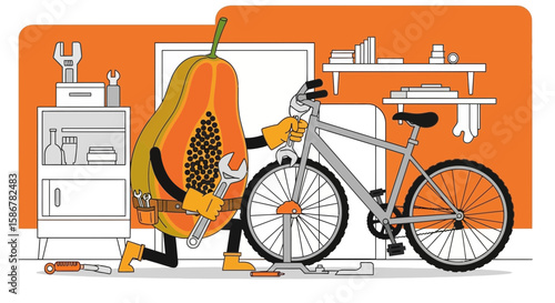 Papaya Bicycle Mechanic Repairing A Bike In A Workshop Setting A Quirky And Humorous Concept