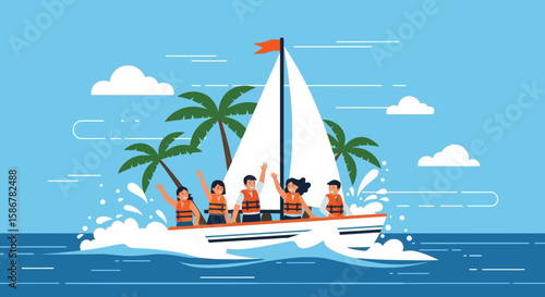 Sailing Adventure With Family Aboard Sailboat On Tropical Vacation Island