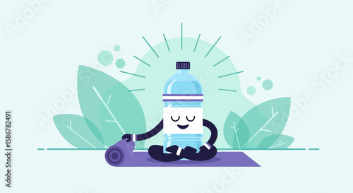 Hydrated Bottle Doing Yoga Meditation on Mat in Natural Setting