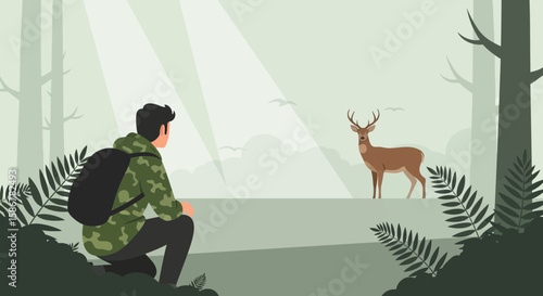 Hunter In Forest Spotting Deer In Natural Environment Flat Vector Illustration