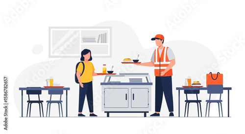 School Cafeteria Worker Serving Food To A Student In The Lunchroom Illustration