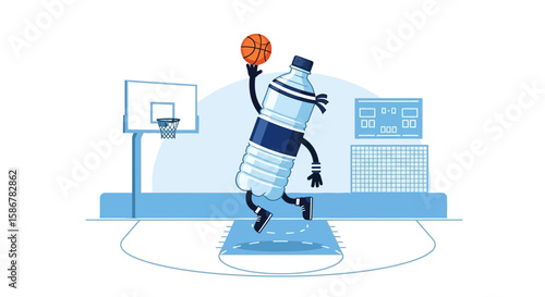 Hydration Hero Water Bottle Character Playing Basketball On Sport Court