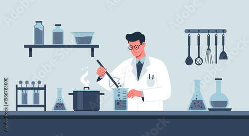 Scientist In Lab Making Mixture In Laboratory Or Culinary Preparation