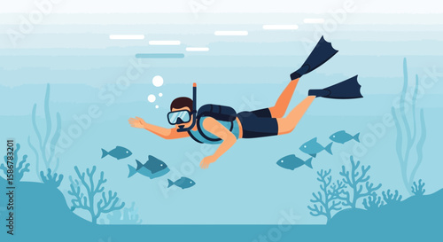 Scuba Diver Explores Underwater World With Fish And Coral Reefs Background
