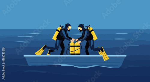 Scuba Divers Preparing Equipment In The Boat For Adventure Undersea Expedition