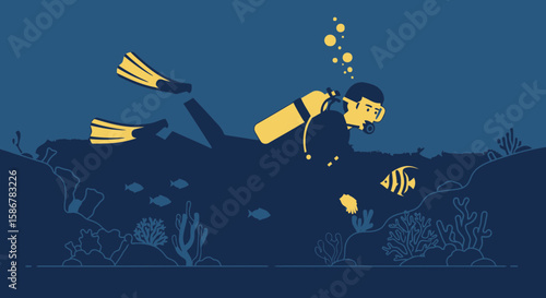 Scuba Diving Adventure Exploring The Underwater World In Deep Blue Ocean Scene