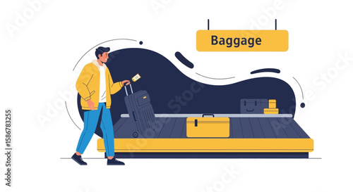 Passenger Awaiting Luggage at Airport Baggage Claim Conveyor Belt Illustration