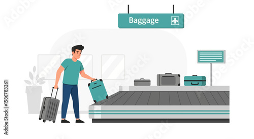 Passenger Claims Baggage From Carousel At Modern Airport Arrival Hall Illustration