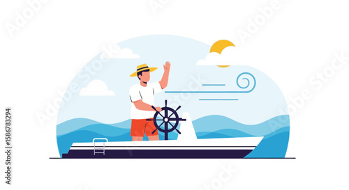Man Sailing Boat In Blue Sea With Scenic Sky Background And Waving Hand