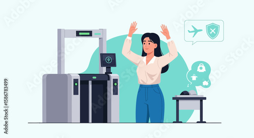 Security Checkpoint Compliance In Airport Terminal With Scanner And Woman Raising Hands