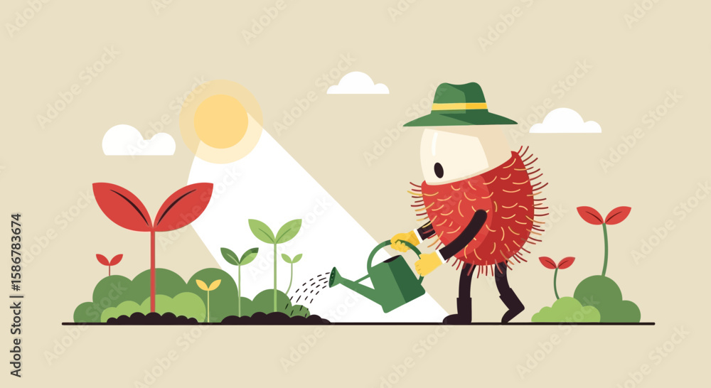 Fototapeta premium Rambutan Farmer Watering Plants Under The Shining Sun With Greenery Background