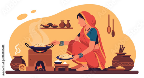 Indian Woman Cooking Traditional Food On An Open Fire In A Rural Setting